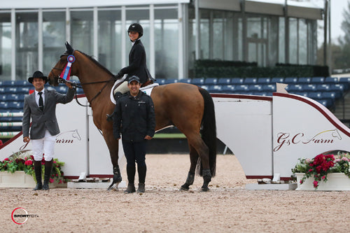 Adrienne Sternlicht and Quidam MB in their winning presentation with ringmaster Gustavo Murcia and G&C Farm representative  Manuel Machillanda