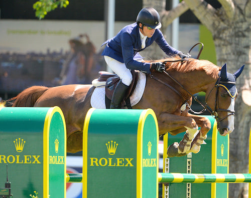 Conor Swail of IRL riding Simba de la Roque during the Suncast Cup at the Spruce Meadows North American show jumping tournament.