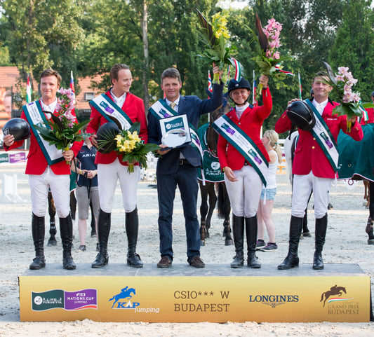 Winning  Danish team with chef d’Equipe Lars Pedersen From left to right: Thomas Sandgaard, Andreas Schou, Lars Pedersen, Rikke Haastrup, Soren Pedersen Pic Tomas Holcbecher/holcbecher.com