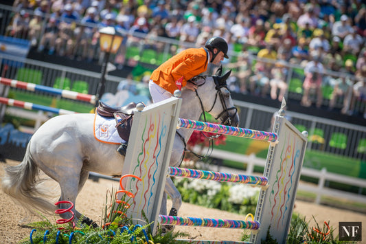 Jur Vrieling and Zirocco Blue have a refusal at the triple combination, the first of two refusals on course.