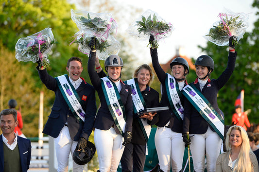 Furusiyya FEI Nations Cupª Jumping, Odense DEN The British team  L to R: Tim Page, Holly Gillott, Che d'Equipe Di Lampard, Harriet Nuttall and Jessie Drea. Photo: Annette Boe ¯stergaard/FEI